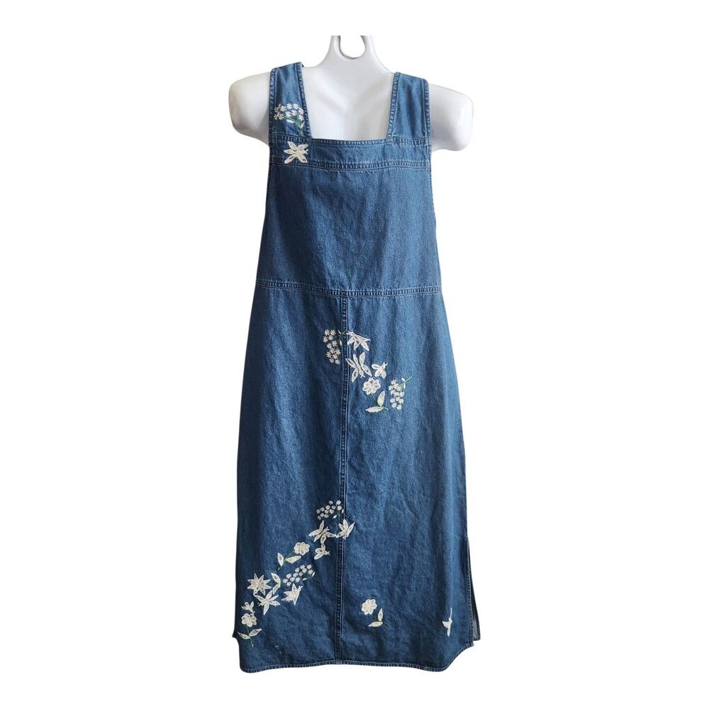 VTG 90s Denim Jumper Dress L Dragonfly Lace Embroidered Pinafore Cottage Boho